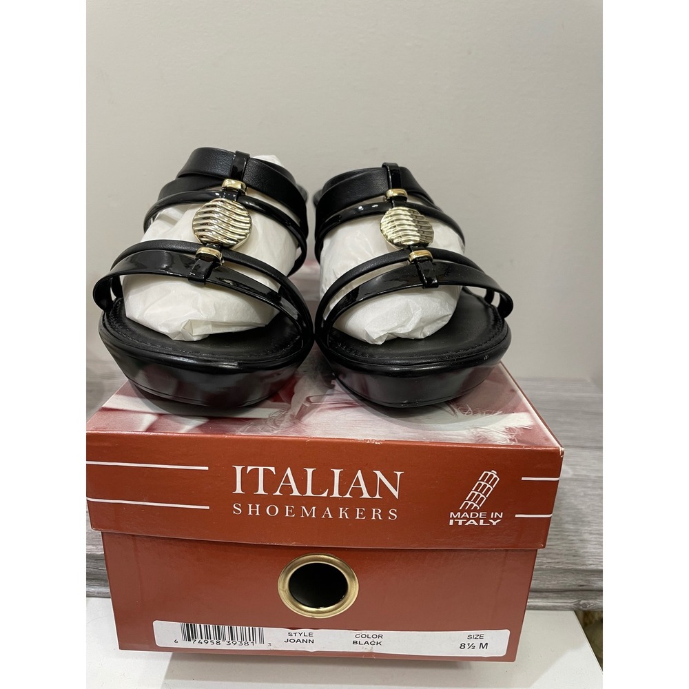 Italian Shoemakers Joann Black Wedge Sandals Gold Medallion Slides Made in Italy